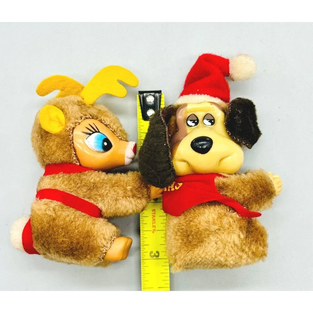 Clip On Pencil Hugger Plush Brown Christmas Dog and Reindeer Set pf 2 1980s